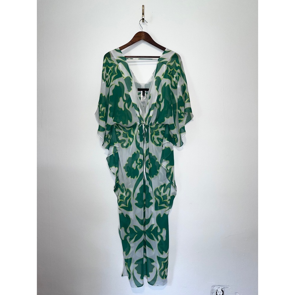 White House Black Market Green White Floral Kaftan Swim Coverup One Size WHBM